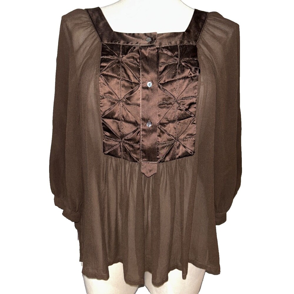 Max Studio MSSP Vintage Women’s Silk Babydoll Blouse size S Brown Dark Romantic
